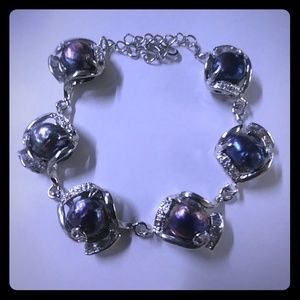 18K GP Iridescent 6 Pearl Bracelet with Blue Crystals